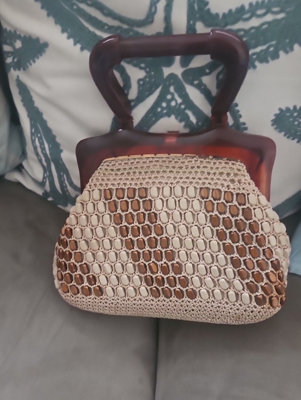 Vintage Woven Italian Top-Handle Bag with Tortoiseshell Plastic Frame